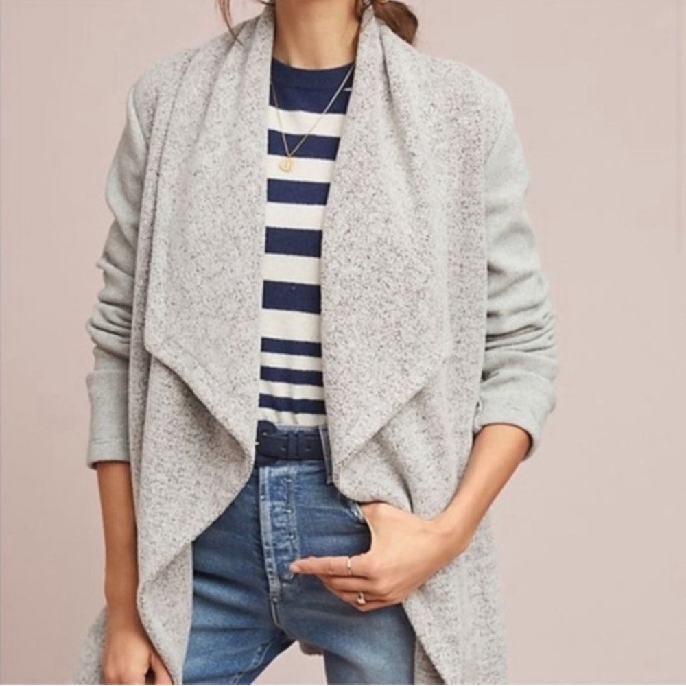 Gently used Anthropologie northfield knit jacket belt Medium gray herringbone